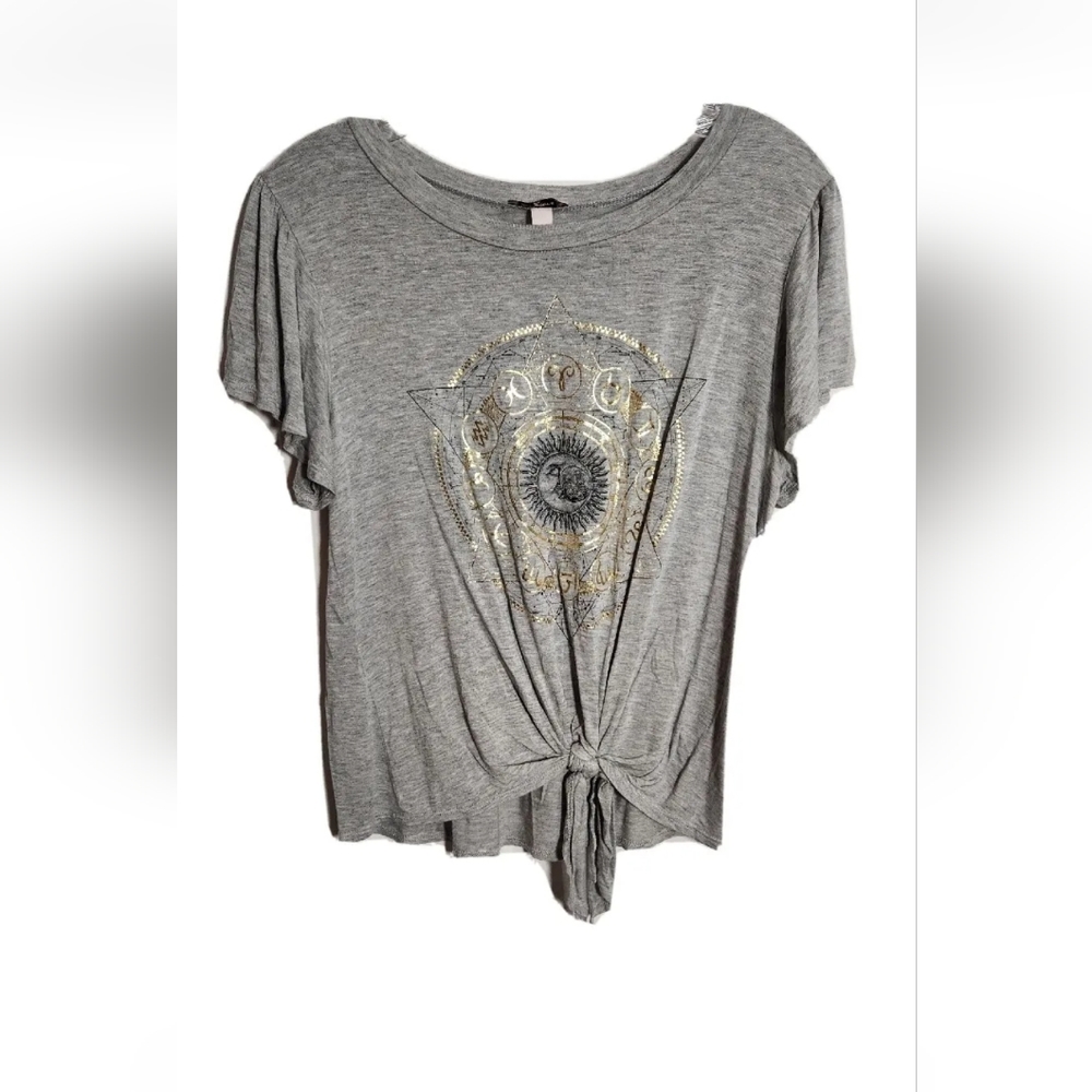 Astrology T-Shirt Girls XL Gray Gold Print Zodiak Signs Front Tie Summer